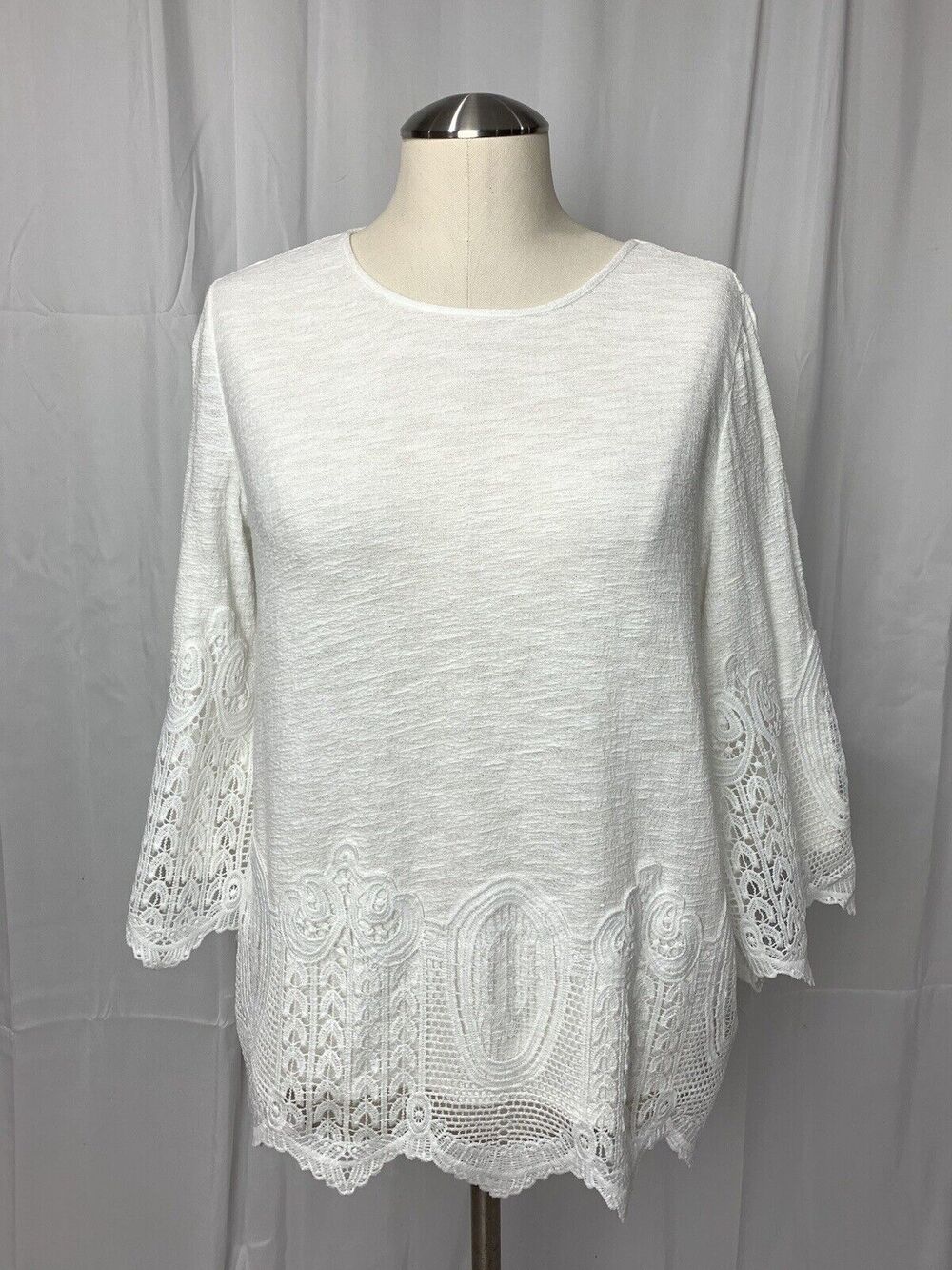 Adrianna Papell White Lace Top 3/4 Sleeve 100% Cotton Size Small